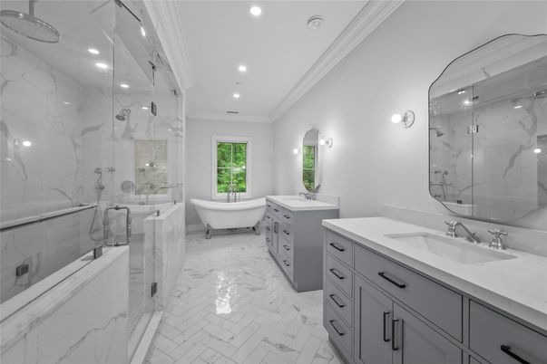 Bathroom, Dual Sink Vanities, Free Standing Baths, Glass Shower, Interior, Marble, Marble Walls, Recessed Lighting