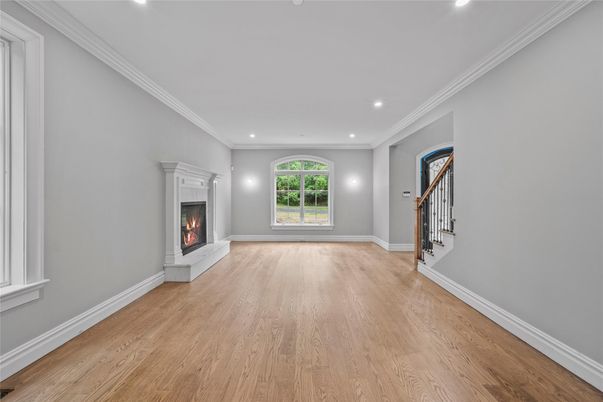 Empty room, Fireplace, Interior, Recessed Lighting, Wood Texture Flooring
