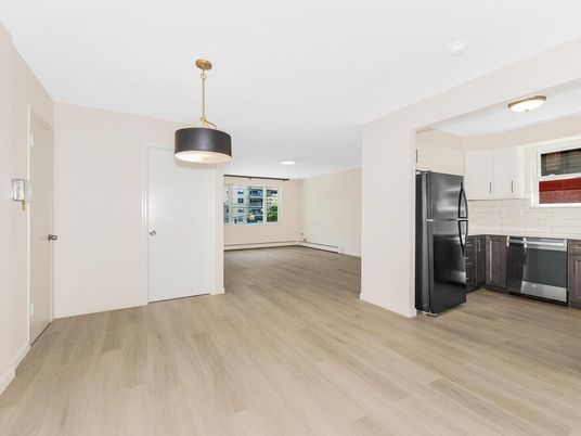Interior, Kitchen, Pendant Lights, Recessed Lighting, Wood Texture Flooring
