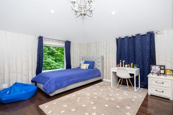 Bedroom, Chandelier, Home Office, Interior, Recessed Lighting, Wood Texture Flooring