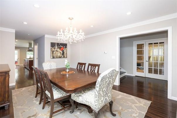 Chandelier, Dining room, Interior, Recessed Lighting, Wood Texture Flooring