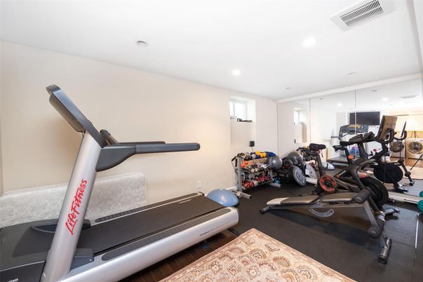 Fitness Equipment, Gym, Interior, Recessed Lighting, Wood Texture Flooring
