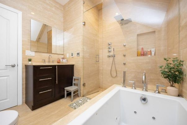 Bathroom, Dual Sink Vanities, Glass Shower, Interior, Recessed Lighting, Wood Texture Flooring