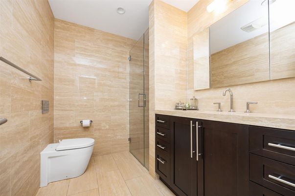 Bathroom, Glass Shower, Interior, Recessed Lighting, Wood Texture Flooring