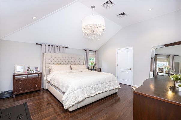 Bedroom, Chandelier, Interior, Recessed Lighting, Wood Texture Flooring