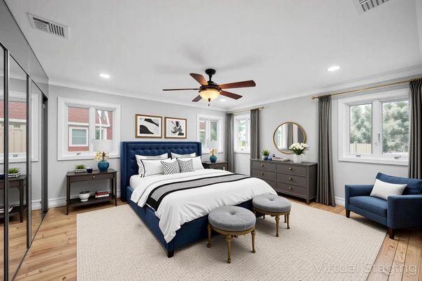Bedroom, Interior, Recessed Lighting, Wood Texture Flooring