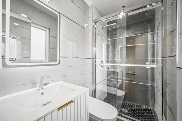 Bathroom, Glass Shower, Interior, Marble Walls, Recessed Lighting