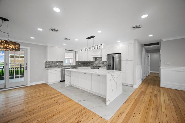 Interior, Kitchen, Pendant Lights, Recessed Lighting, Stainless Steel Appliances, Wood Texture Flooring
