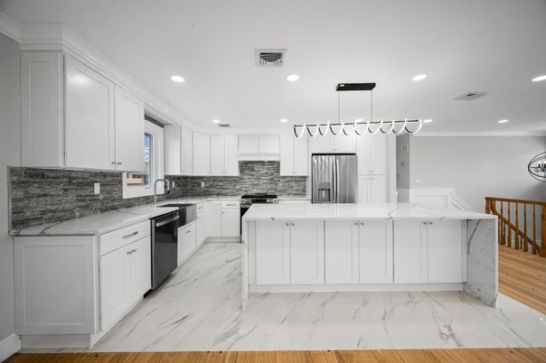 Interior, Kitchen, Marble, Pendant Lights, Recessed Lighting, Stainless Steel Appliances