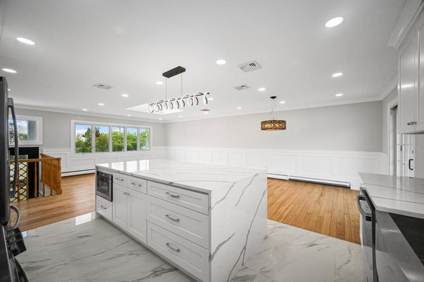 Interior, Kitchen, Marble, Pendant Lights, Recessed Lighting, Wood Texture Flooring