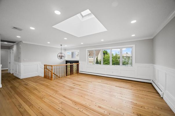 Chandelier, Empty room, Interior, Pendant Lights, Recessed Lighting, Wood Texture Flooring