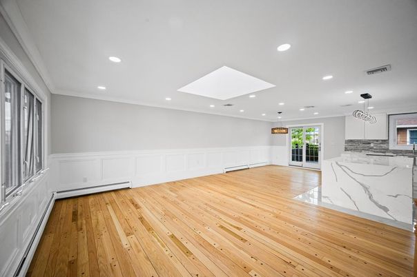 Empty room, Interior, Kitchen, Pendant Lights, Recessed Lighting, Wood Texture Flooring