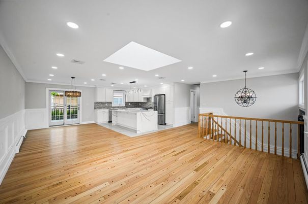 Chandelier, Interior, Kitchen, Pendant Lights, Recessed Lighting, Wood Texture Flooring