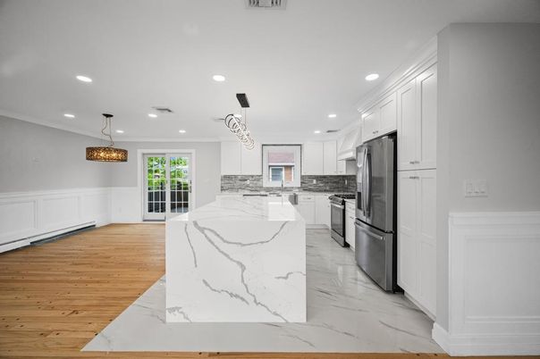 Interior, Kitchen, Pendant Lights, Recessed Lighting, Stainless Steel Appliances, Wood Texture Flooring