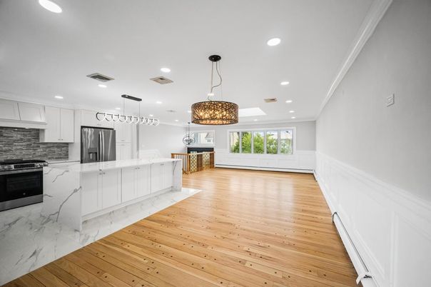Interior, Kitchen, Marble, Pendant Lights, Recessed Lighting, Stainless Steel Appliances, Wood Texture Flooring