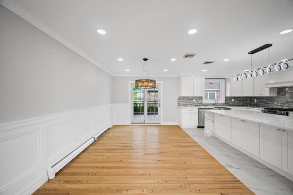 Interior, Kitchen, Pendant Lights, Recessed Lighting, Wood Texture Flooring