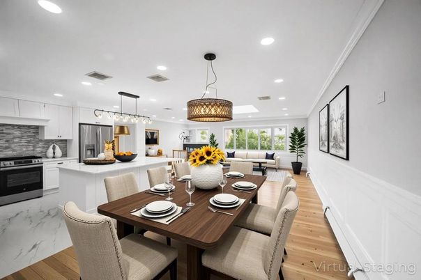 Dining room, Interior, Kitchen, Living room, Marble, Pendant Lights, Recessed Lighting, Stainless Steel Appliances, Wood Texture Flooring