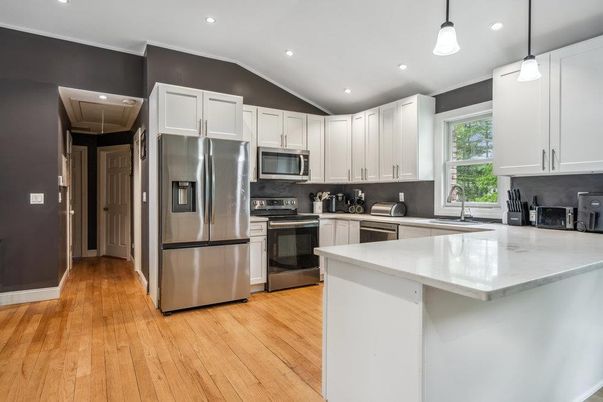 Interior, Kitchen, Pendant Lights, Recessed Lighting, Stainless Steel Appliances, Wood Texture Flooring