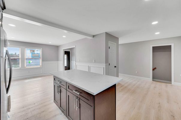 Empty room, Interior, Kitchen, Recessed Lighting, Wood Texture Flooring