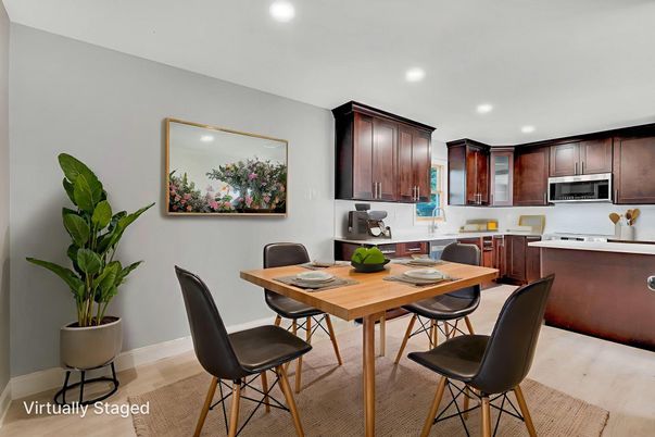 Dining room, Interior, Kitchen, Recessed Lighting, Stainless Steel Appliances, Wood Texture Flooring