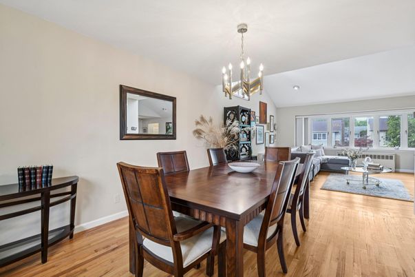 Chandelier, Dining room, Interior, Living room, Pendant Lights, Recessed Lighting, Wood Texture Flooring