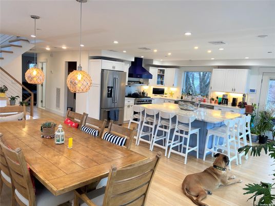 Dining room, Interior, Kitchen, Pendant Lights, Recessed Lighting, Stainless Steel Appliances, Wood Texture Flooring
