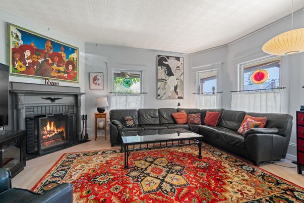 Fireplace, Interior, Living room, Pendant Lights, Wood Texture Flooring