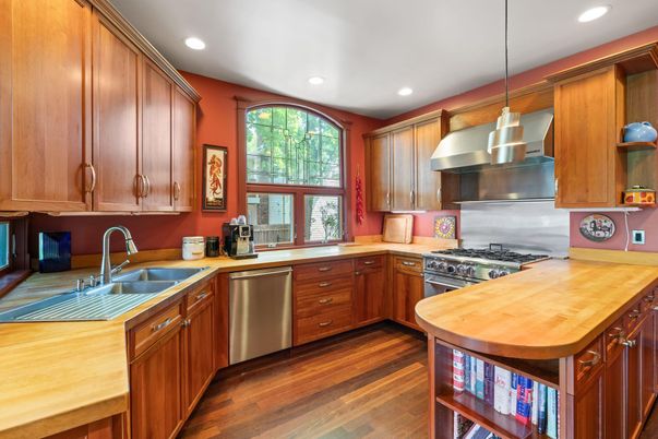 Interior, Kitchen, Pendant Lights, Recessed Lighting, Stainless Steel Appliances, Wood Texture Flooring