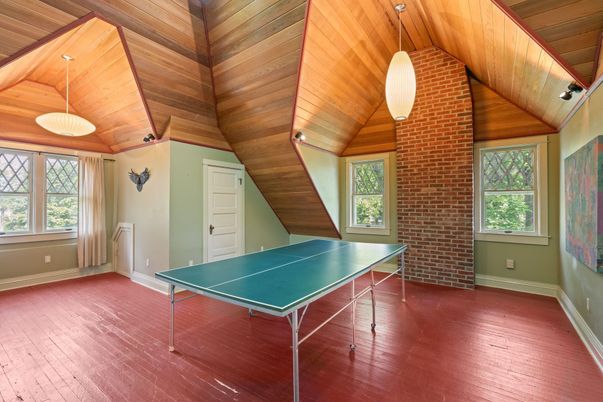 Game Room, Interior, Pendant Lights, Stone Walls, Wooden Ceilings, Wood Texture Flooring