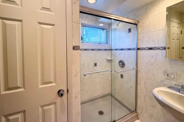 Bathroom, Glass Shower, Interior, Marble Walls, Recessed Lighting