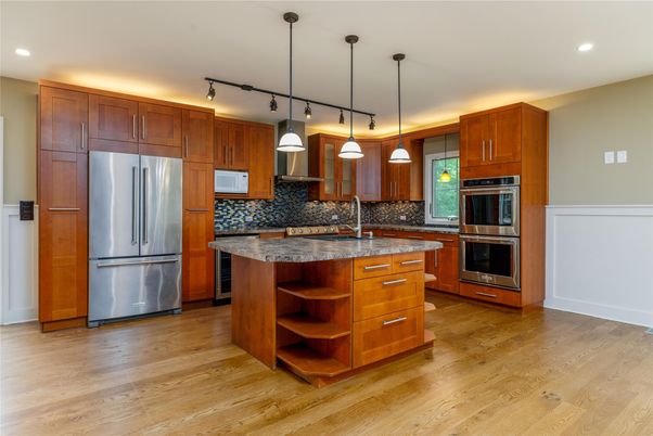 Interior, Kitchen, Pendant Lights, Recessed Lighting, Stainless Steel Appliances, Wood Texture Flooring