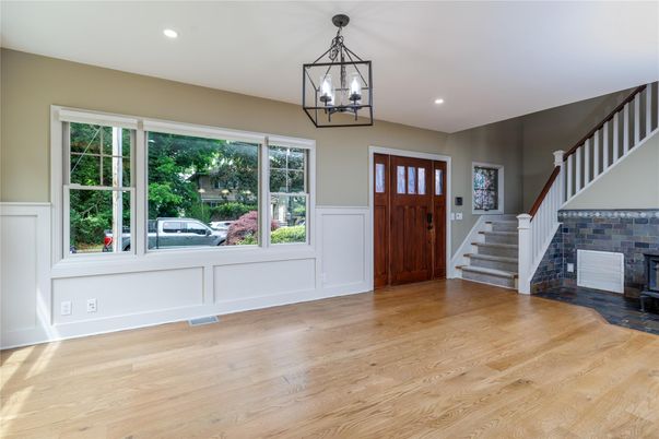 Fireplace, Interior, Pendant Lights, Recessed Lighting, Wood Texture Flooring