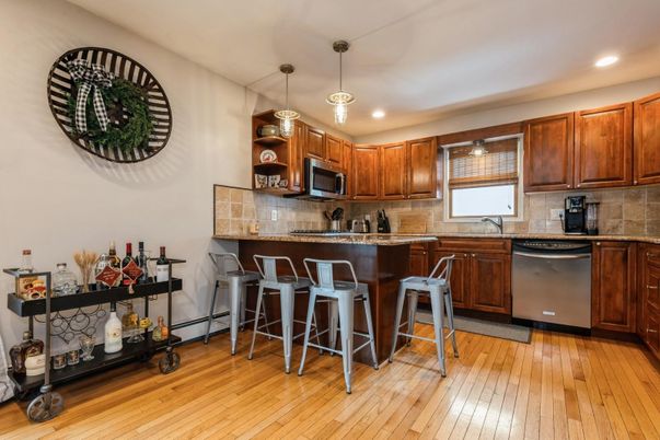 Interior, Kitchen, Pendant Lights, Recessed Lighting, Wood Texture Flooring