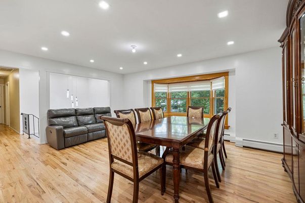 Dining room, Interior, Recessed Lighting, Wood Texture Flooring