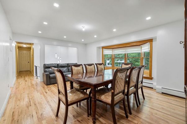 Dining room, Interior, Recessed Lighting, Wood Texture Flooring