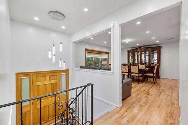 Dining room, Interior, Pendant Lights, Recessed Lighting, Wood Texture Flooring