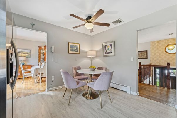 Dining room, Interior, Pendant Lights, Wood Texture Flooring