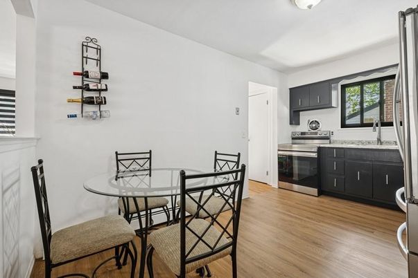Dining room, Interior, Kitchen, Stainless Steel Appliances, Wood Texture Flooring