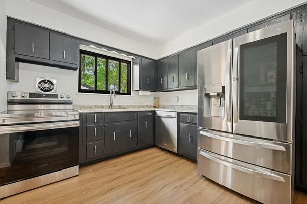 Interior, Kitchen, Stainless Steel Appliances, Wood Texture Flooring