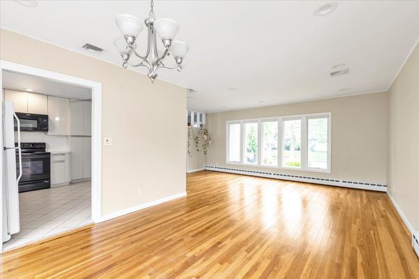 Chandelier, Empty room, Interior, Kitchen, Recessed Lighting, Wood Texture Flooring