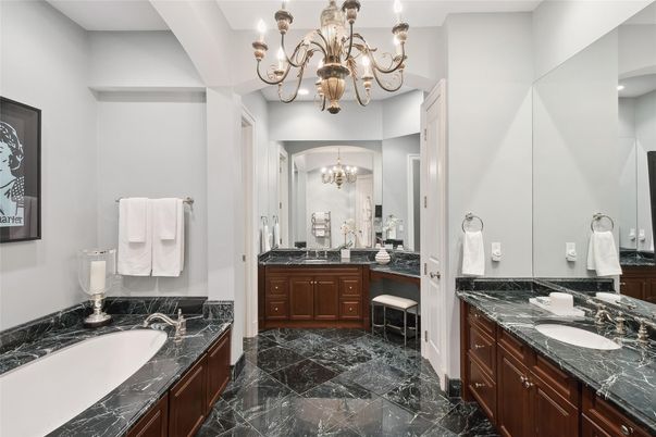 Bathroom, Chandelier, Dual Sink Vanities, Interior, Marble