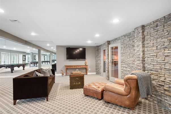 Billiard Table, Game Room, Interior, Living room, Recessed Lighting, Stone Walls