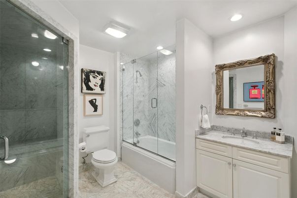 Bathroom, Glass Shower, Interior, Marble, Marble Walls, Recessed Lighting