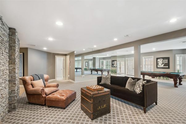 Billiard Table, Game Room, Interior, Living room, Recessed Lighting, Stone Walls