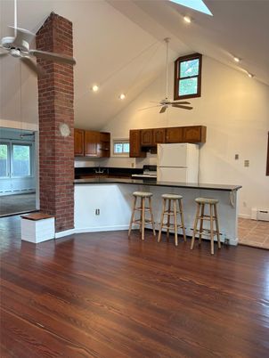 Interior, Kitchen, Recessed Lighting, Stone Walls, Wood Texture Flooring