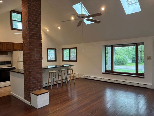 Empty room, Interior, Kitchen, Recessed Lighting, Stone Walls, Wood Texture Flooring