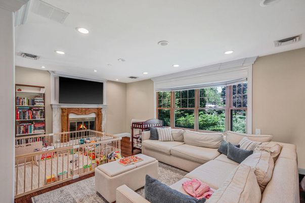Fireplace, Interior, Living room, Recessed Lighting, Wood Texture Flooring