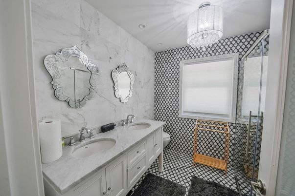 Bathroom, Dual Sink Vanities, Interior, Marble Walls, Recessed Lighting