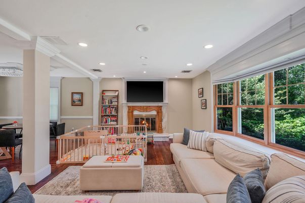 Fireplace, Interior, Living room, Recessed Lighting, Wood Texture Flooring