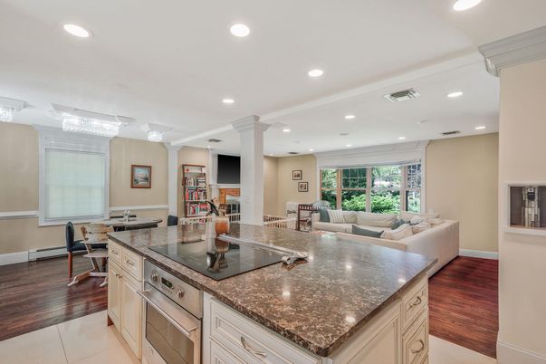 Dining room, Interior, Kitchen, Living room, Recessed Lighting, Wood Texture Flooring